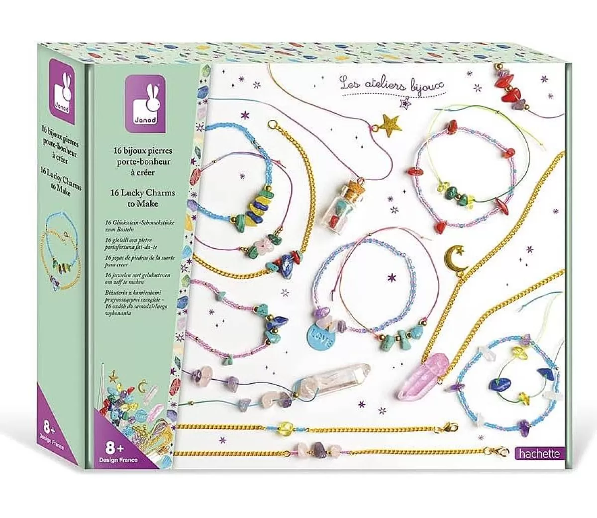 JANOD Collier & Bracelets Porte-Bonheur - 16 Magnifiques Pierres Naturelles - Création Authentique Prix Doux