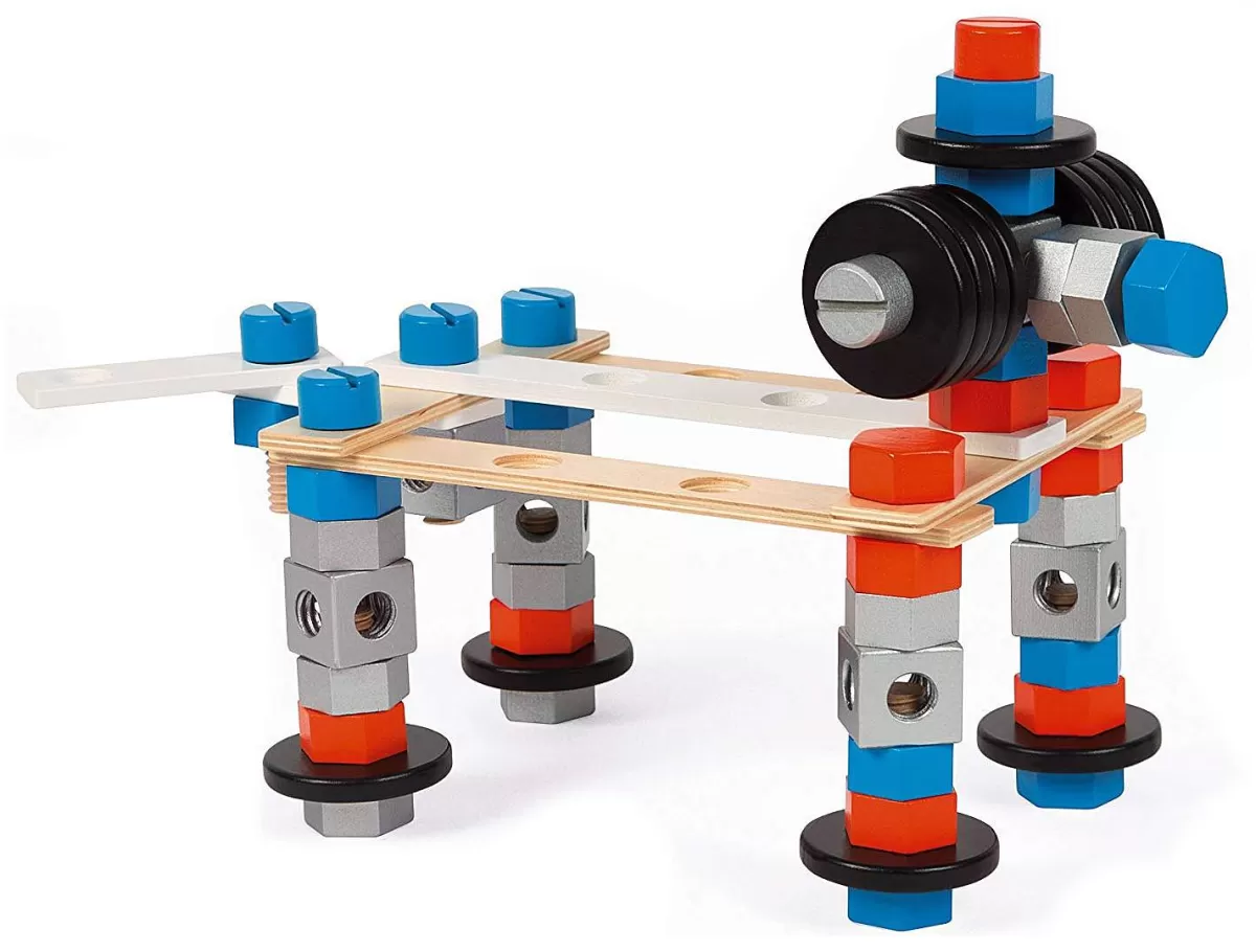 Janod - Jeu de Construction Créatif 100 Pièces en Bois - Baril Brico’Kids - Jouet Éducatif Durable et Amusant pour Enfants dès 3 Ans