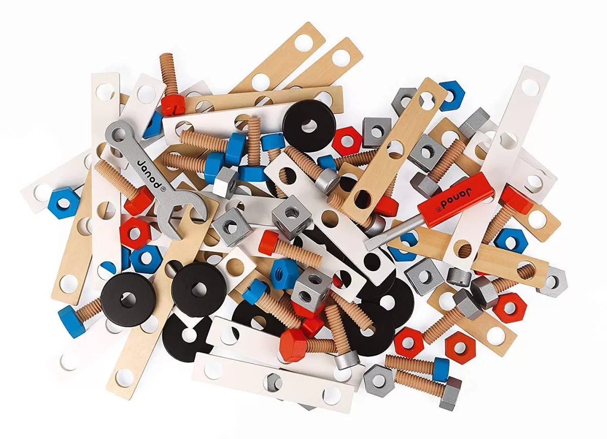 Janod - Jeu de Construction Créatif 100 Pièces en Bois - Baril Brico’Kids - Jouet Éducatif Durable et Amusant pour Enfants dès 3 Ans