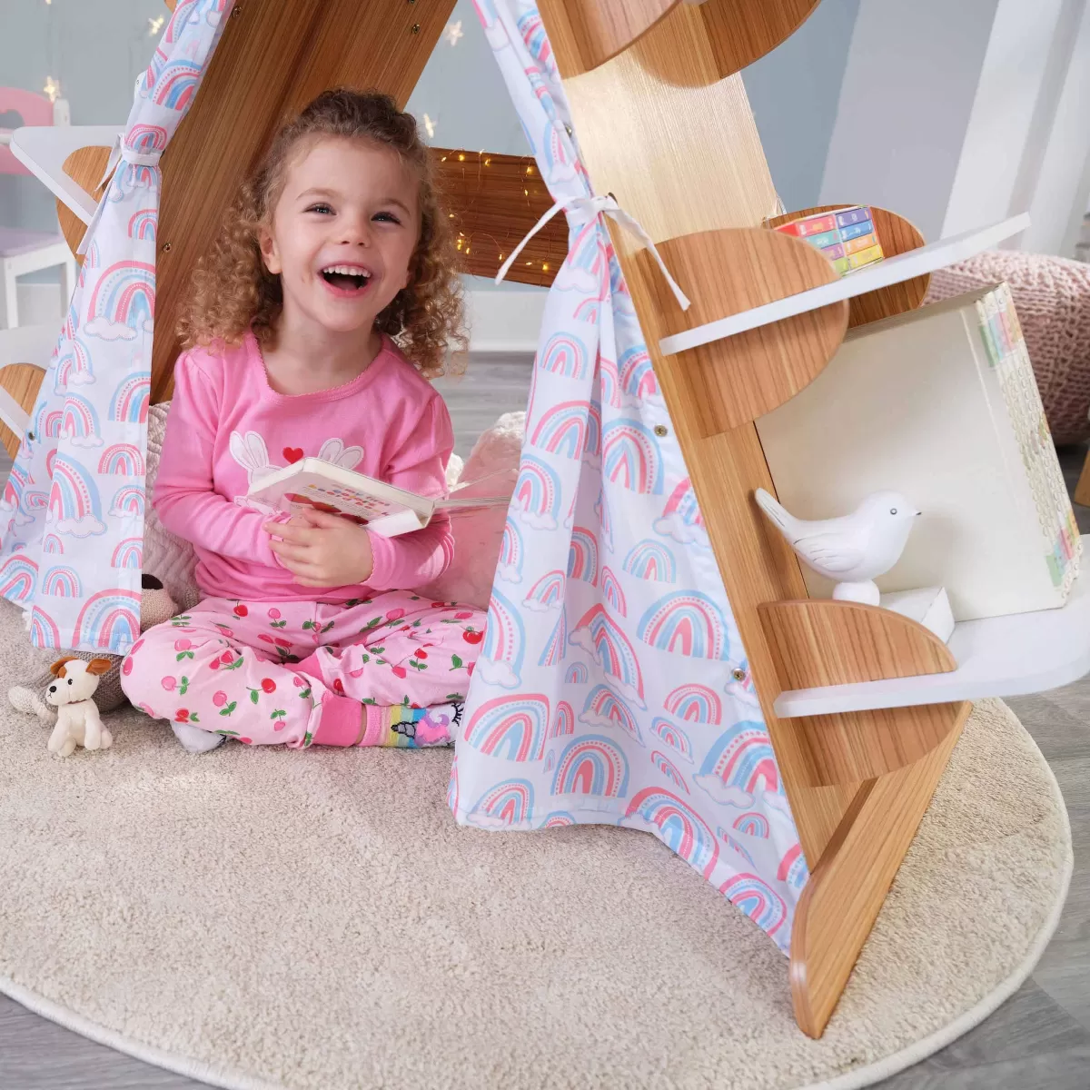 Tente bibliothèque en bois massif pour enfants - Coin lecture magique et décoratif 

(：，，，，