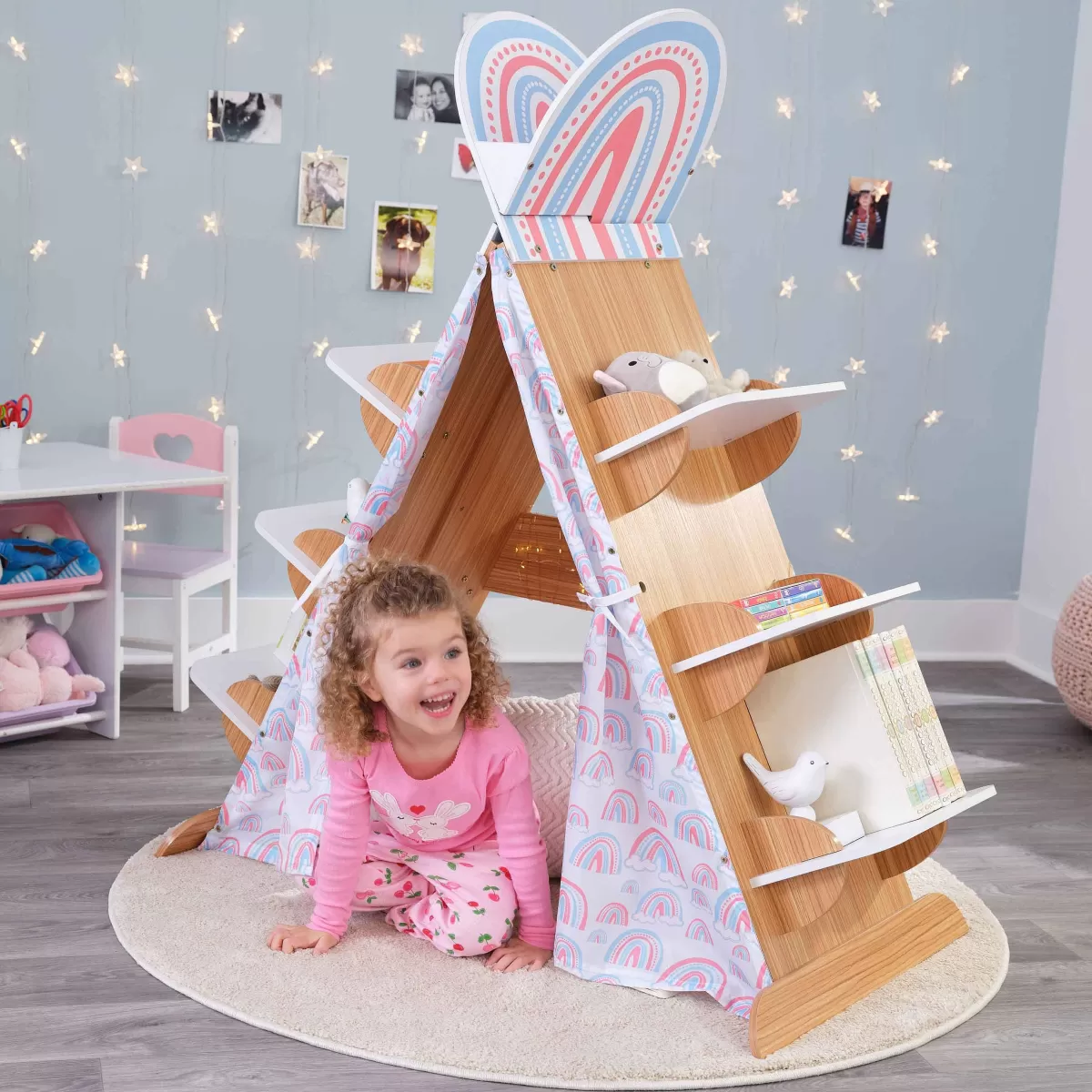 Tente bibliothèque en bois massif pour enfants - Coin lecture magique et décoratif 

(：，，，，