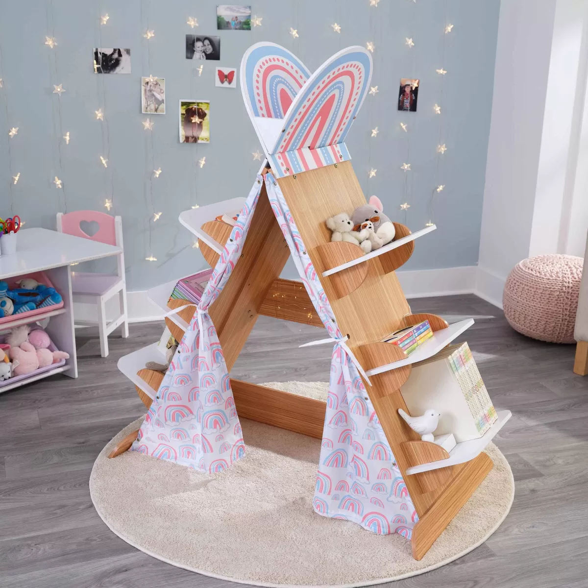 Tente bibliothèque en bois massif pour enfants - Coin lecture magique et décoratif 

(：，，，，