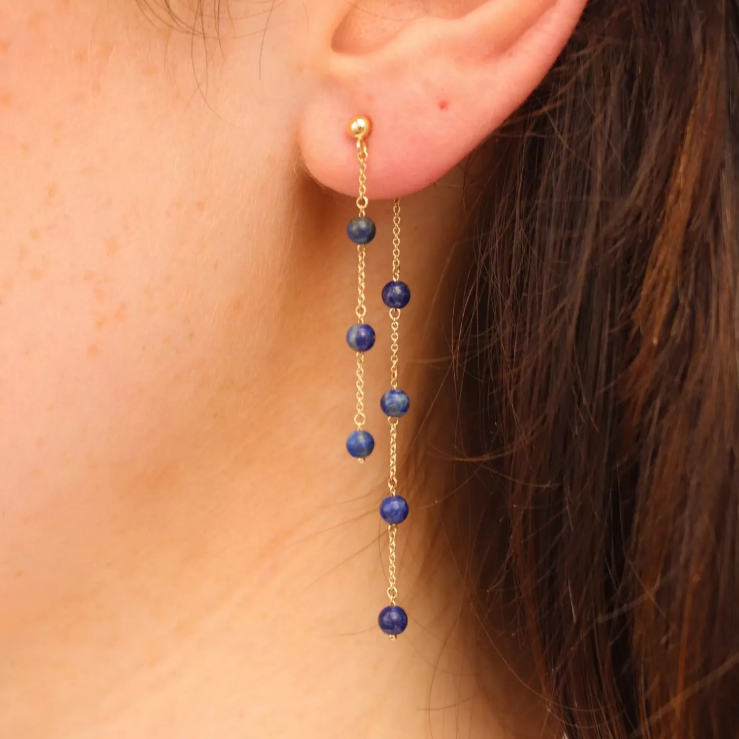 Boucles d'Oreilles Alkemistry Boba - Double Créoles en Or 18K avec Perles de Lapis-Lazuli et Chaînettes Dorées | Promotion Exclusive