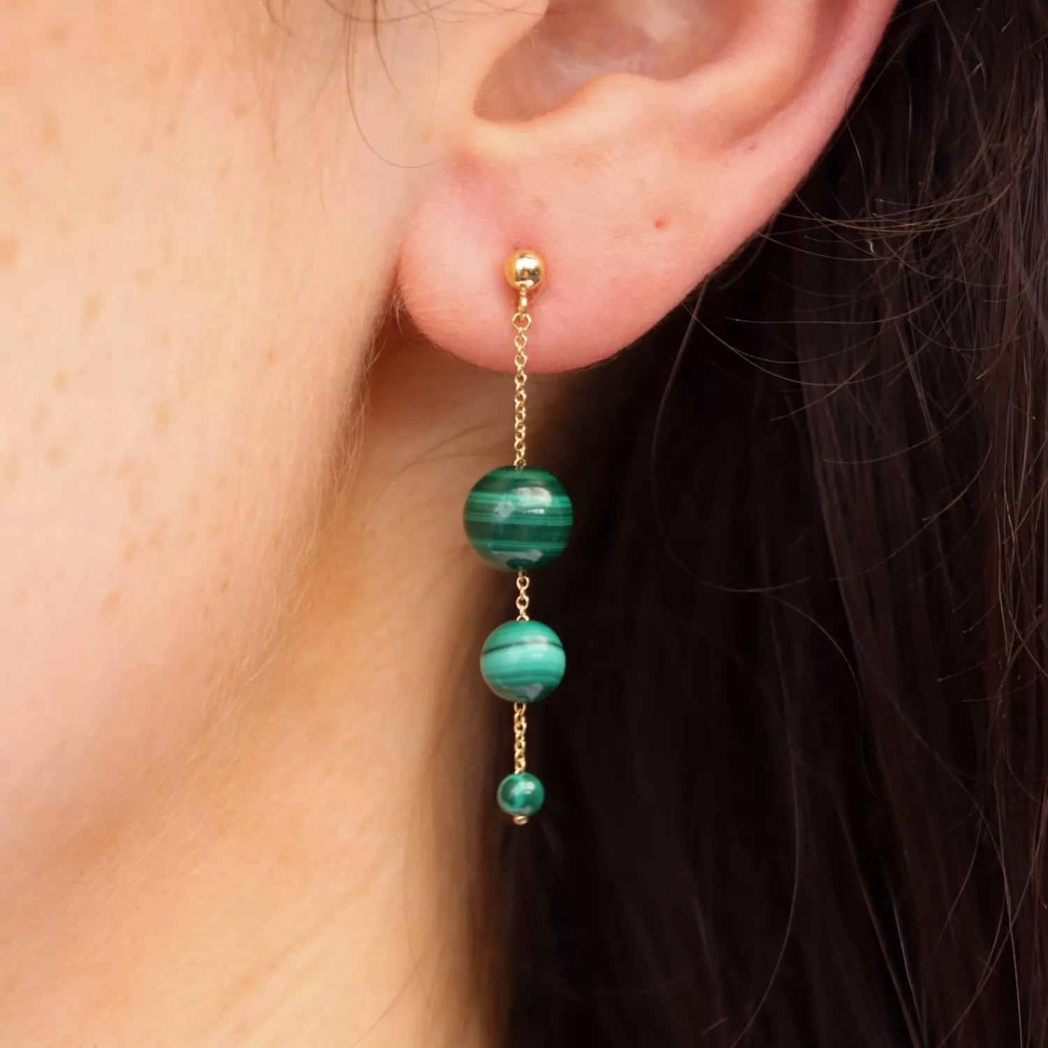 Boucles d'Oreilles Alkemistry Boba - Or 18K et Malachite avec Perles Bulle, Design Intemporel - Paire en Promotion Exclusive