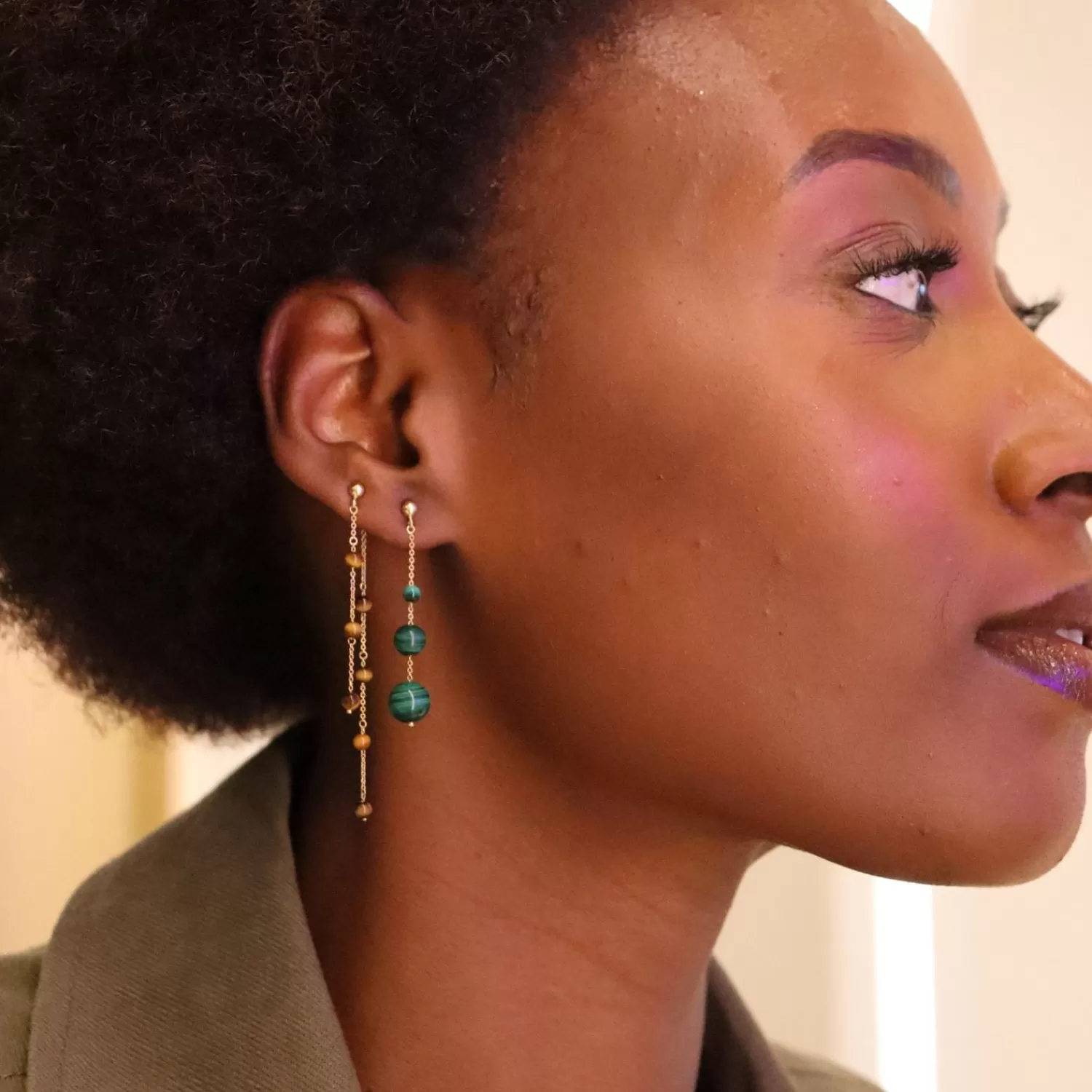 Boucles d'Oreilles Alkemistry Boba - Or 18K et Malachite avec Perles Bulle, Design Intemporel - Paire en Promotion Exclusive