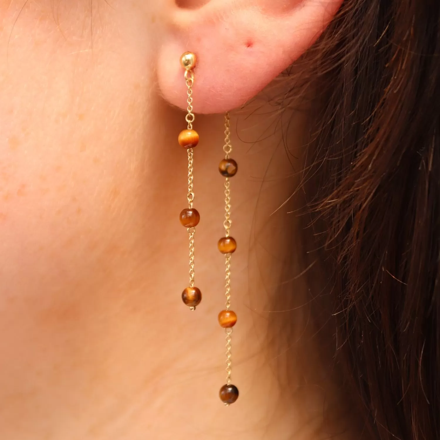 Boucles d'oreilles doubles Alkemistry Boba - Or 18 carats avec œil de tigre et chaîne, élégant et abordable (paire)
