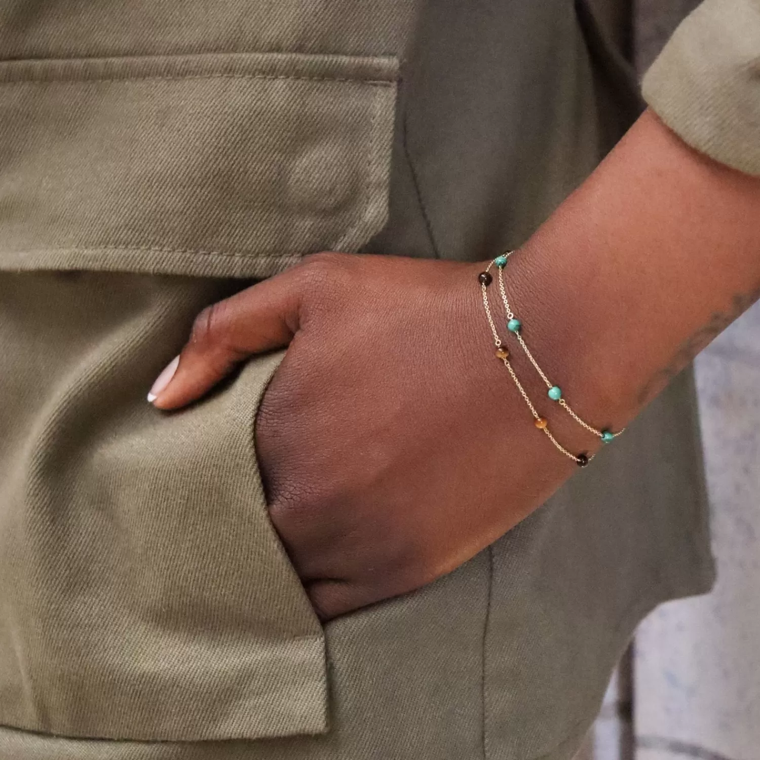 Bracelet Chaîne en Or 18 Carats avec Perles d'Œil de Tigre - Collection Exclusive Alkemistry Boba