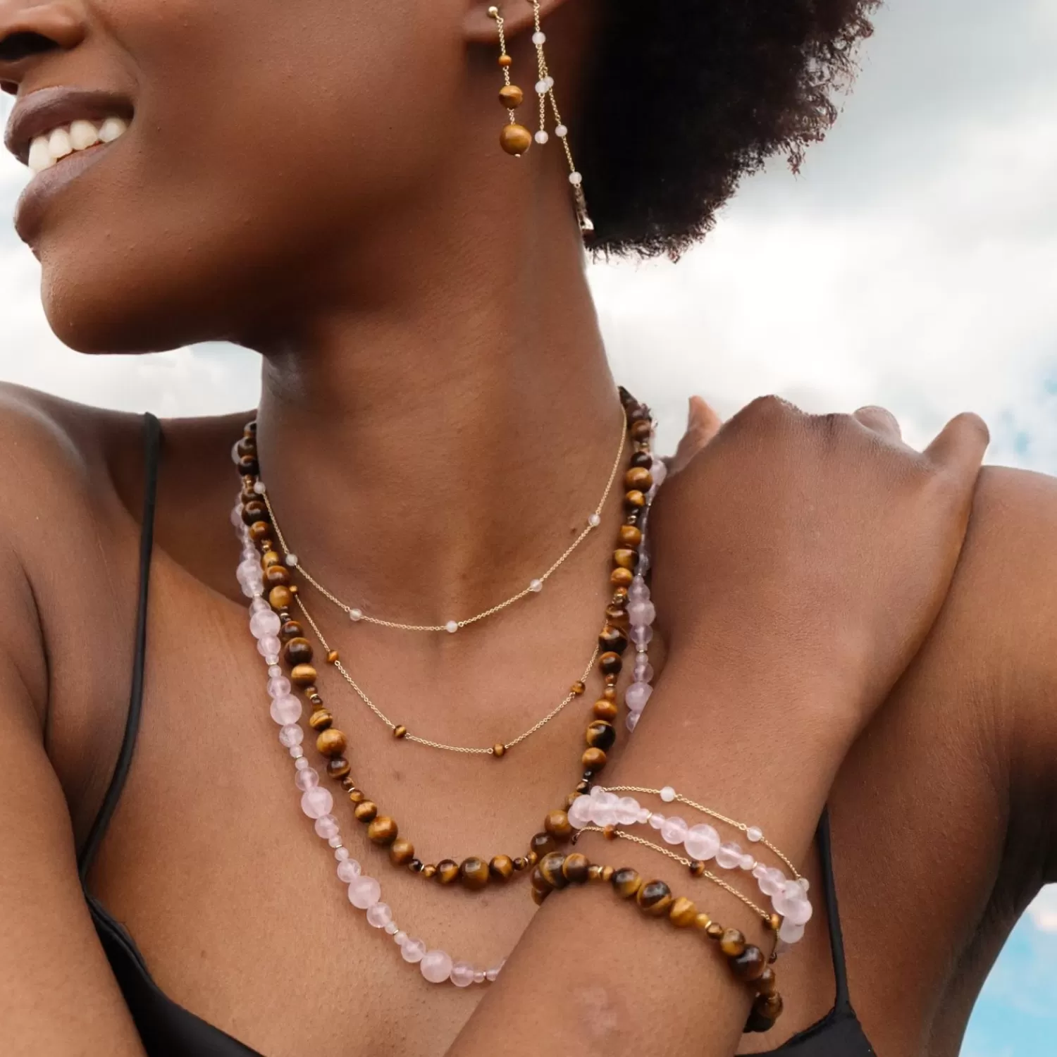 Collier Luxe Alkemistry Boba : Perles Œil de Tigre et Or 18 Carats - Promotion Éclair sur les Créations Bulles