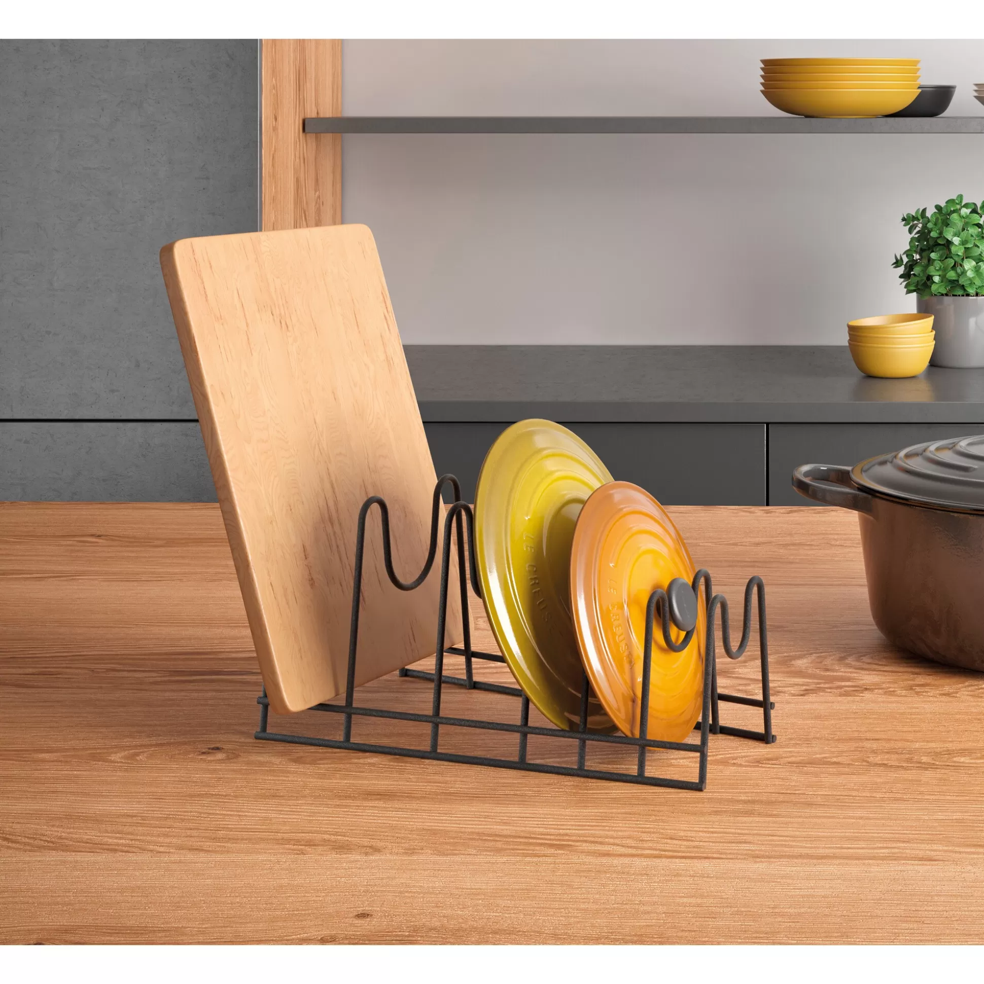 Porte-couvercles design & chariot de cuisine pratique - Support Metaltex Modèle Lido en lave, solution gain de place élégante 

(Alternative plus détaillée : Support de couvercle design Lido avec chariot intégré - Metaltex en finition lave, astucieuse organisation culinaire)