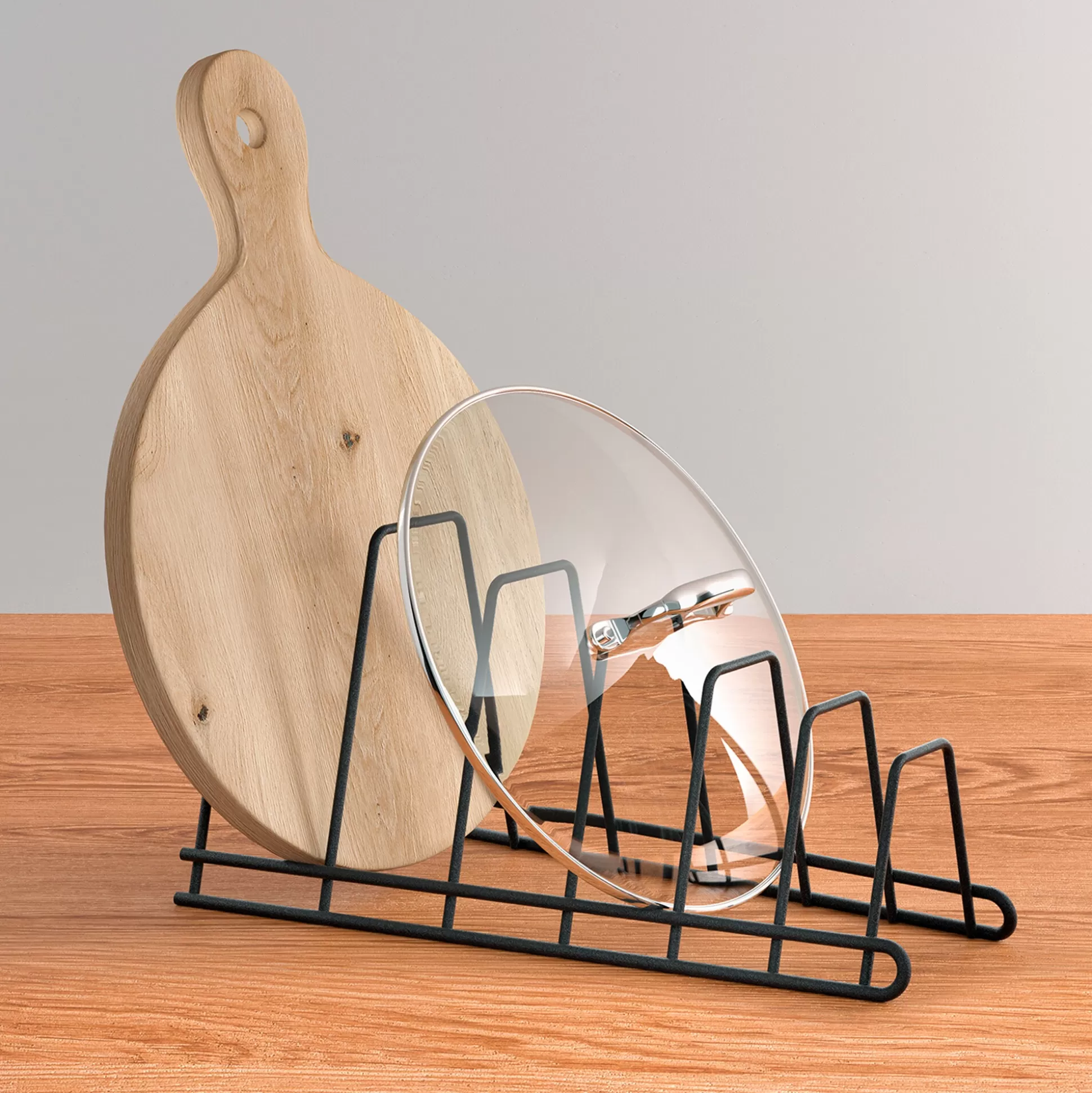 Porte-couvercles design & chariot de cuisine pratique - Support Metaltex Modèle Lido en lave, solution gain de place élégante 

(Alternative plus détaillée : Support de couvercle design Lido avec chariot intégré - Metaltex en finition lave, astucieuse organisation culinaire)