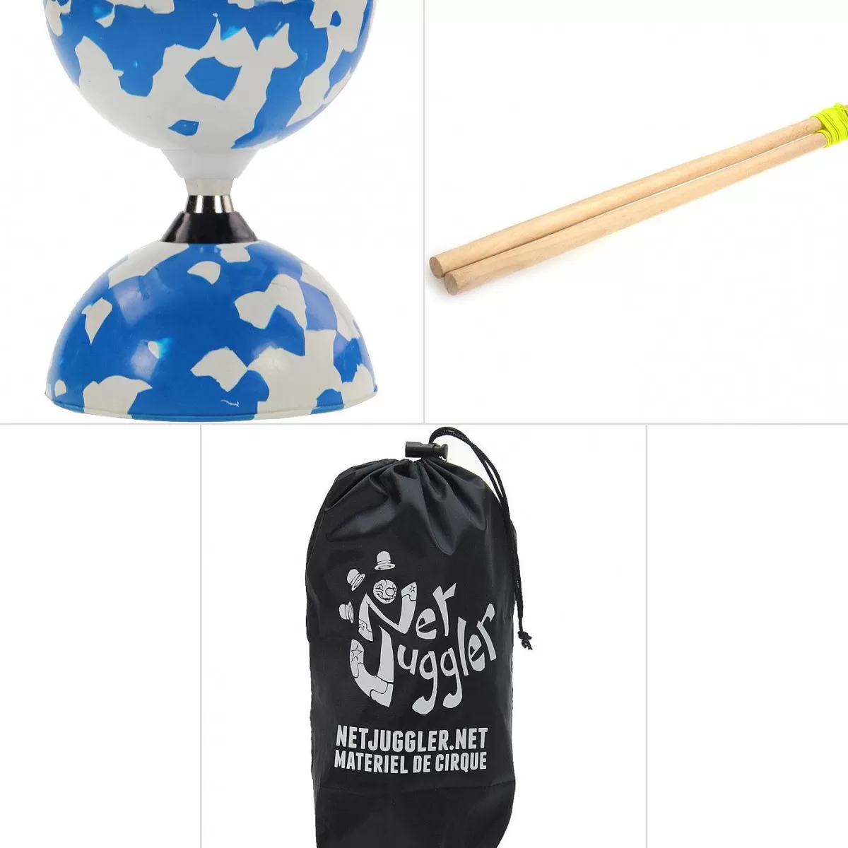 Diabolo Professionnel Jester A - Roulements Premium Bleu & Blanc | Promotion Éclair sur Juggle Dream  
Idéal pour Jonglerie et Spectacles - Offre Limitée !
