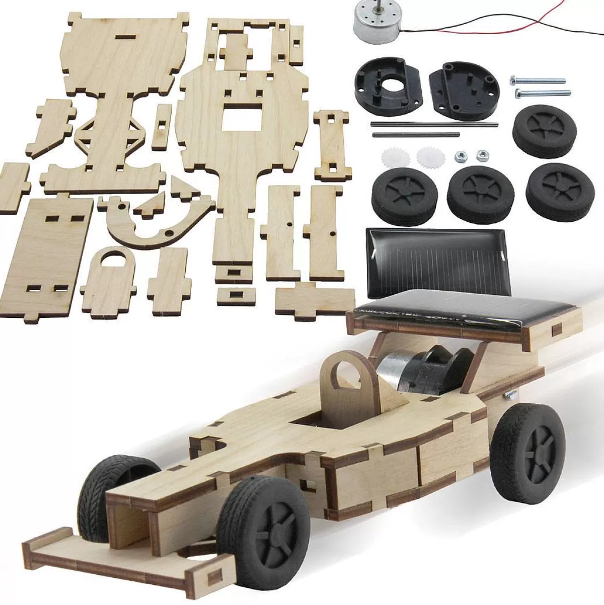 Éco-Formule 1 en Bois avec Panneau Solaire - Kit Créatif pour Circuit Éducatif (Montage Facile - Enfants/Ados) - Sol Expert Group - Modèle Économique
