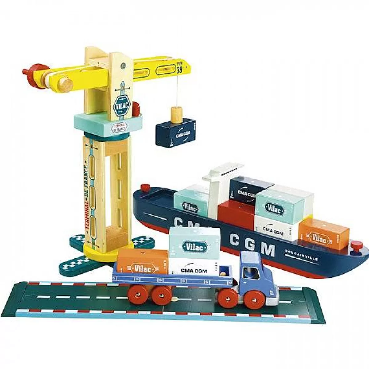 Vilac - Grue de Port Miniature en Bois, Jouet Enfant Décoratif avec Mécanismes Fonctionnels - Idéal pour Décoration Chambre et Jeux Créatifs (Prix Attractif)