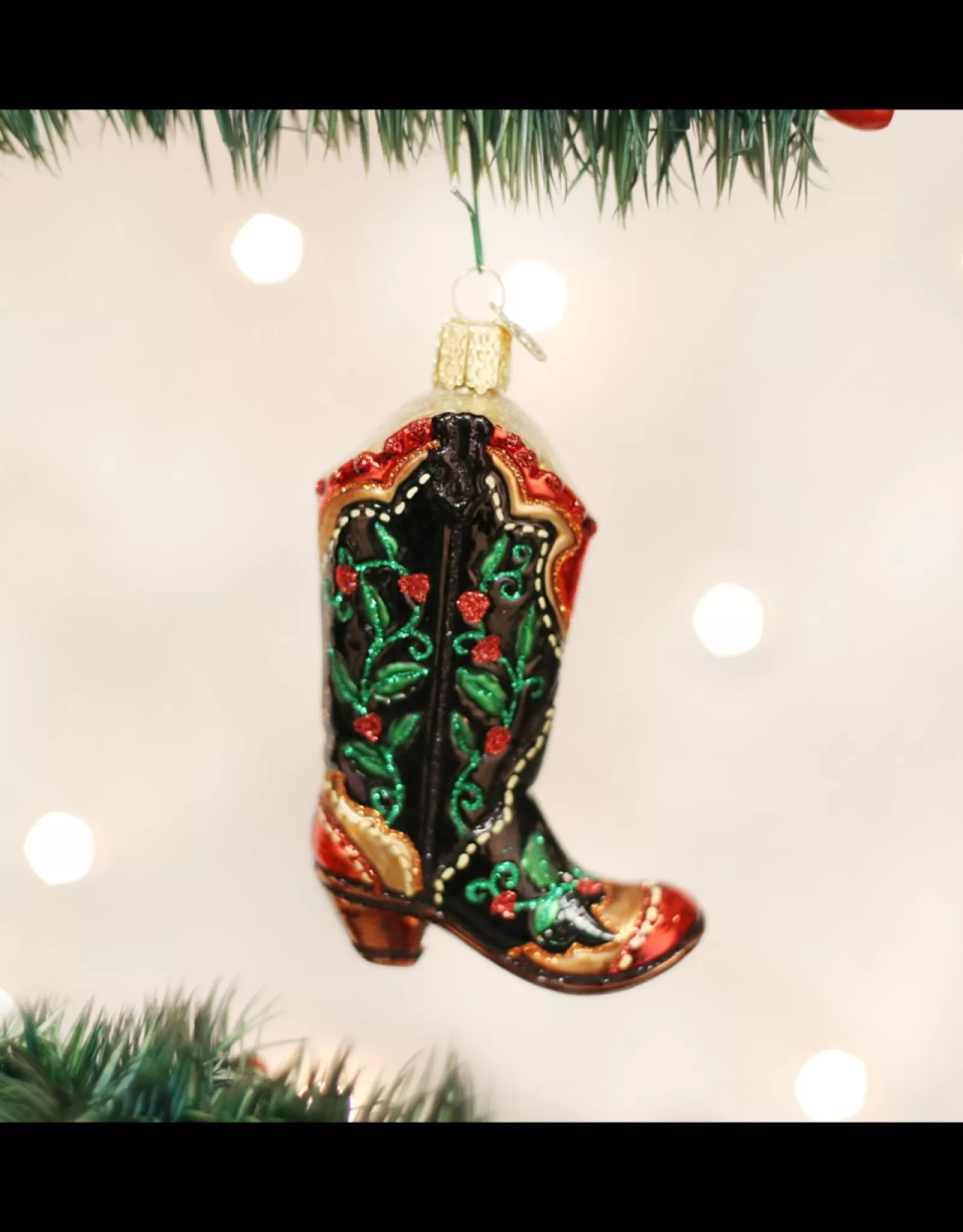 Décoration Festive de Botte de Cowboy en Bois Peint avec Baies de Houx - Noël d'Antan