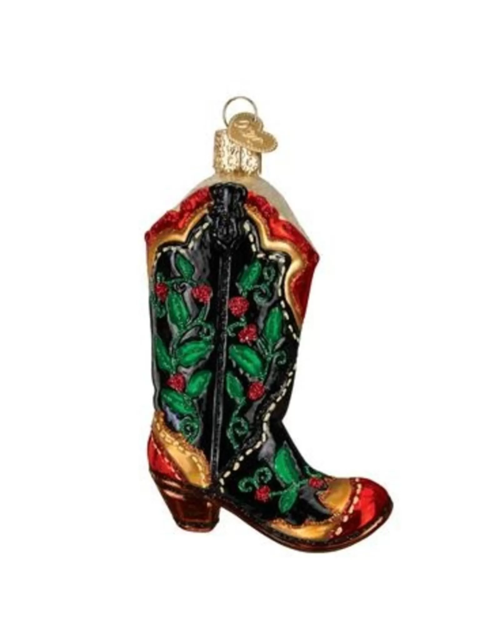 Décoration Festive de Botte de Cowboy en Bois Peint avec Baies de Houx - Noël d'Antan