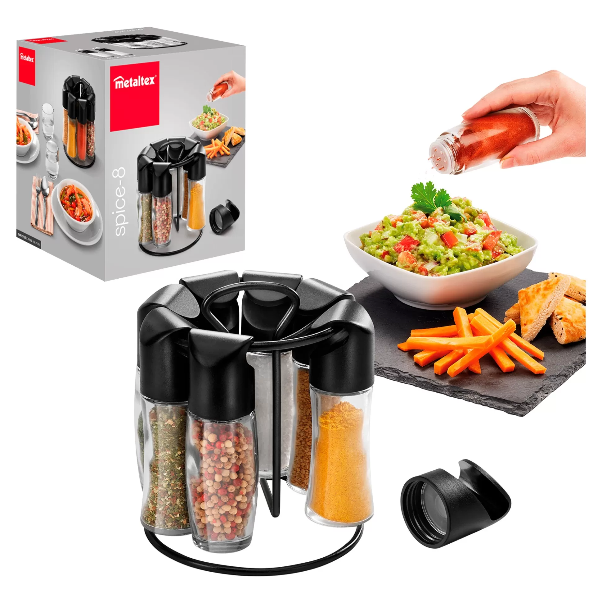Metaltex – Support à Épices « Spice-8 » avec 8 Pots pour Cuisine Organisée
