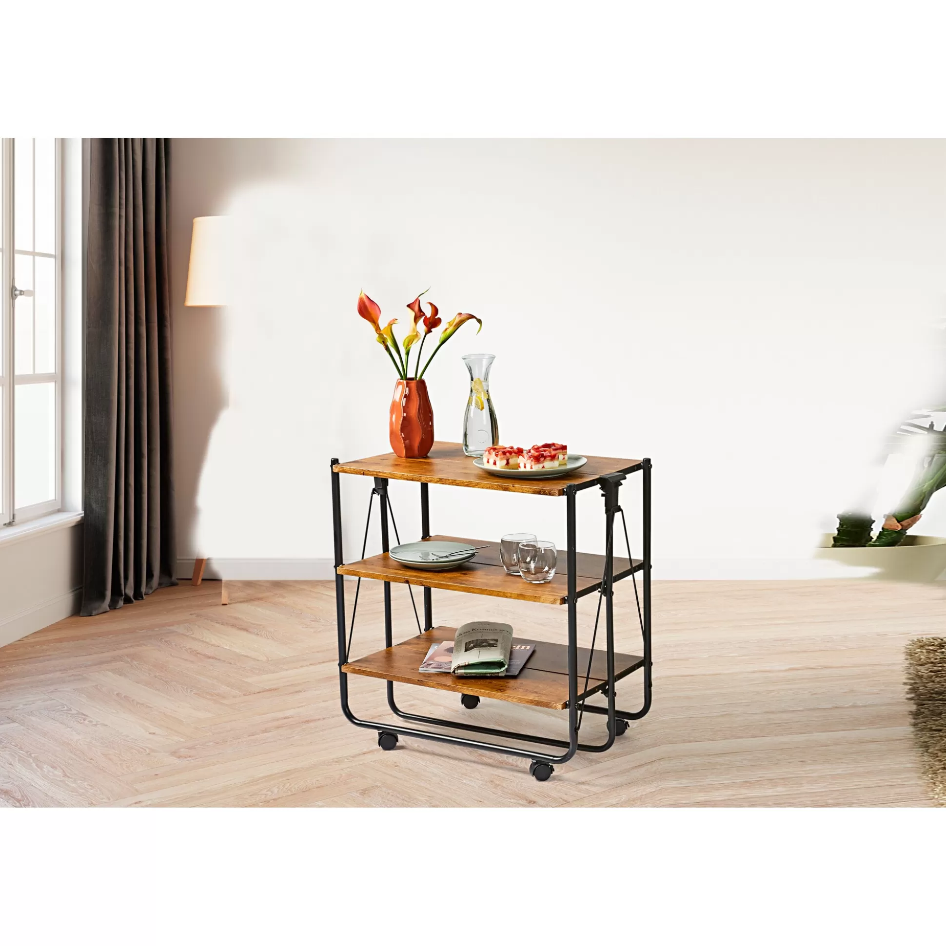 Chariot de Service Pliant Design & Table d'Appoint Mobile - Style Bois Naturel Pratique par Viva Domo