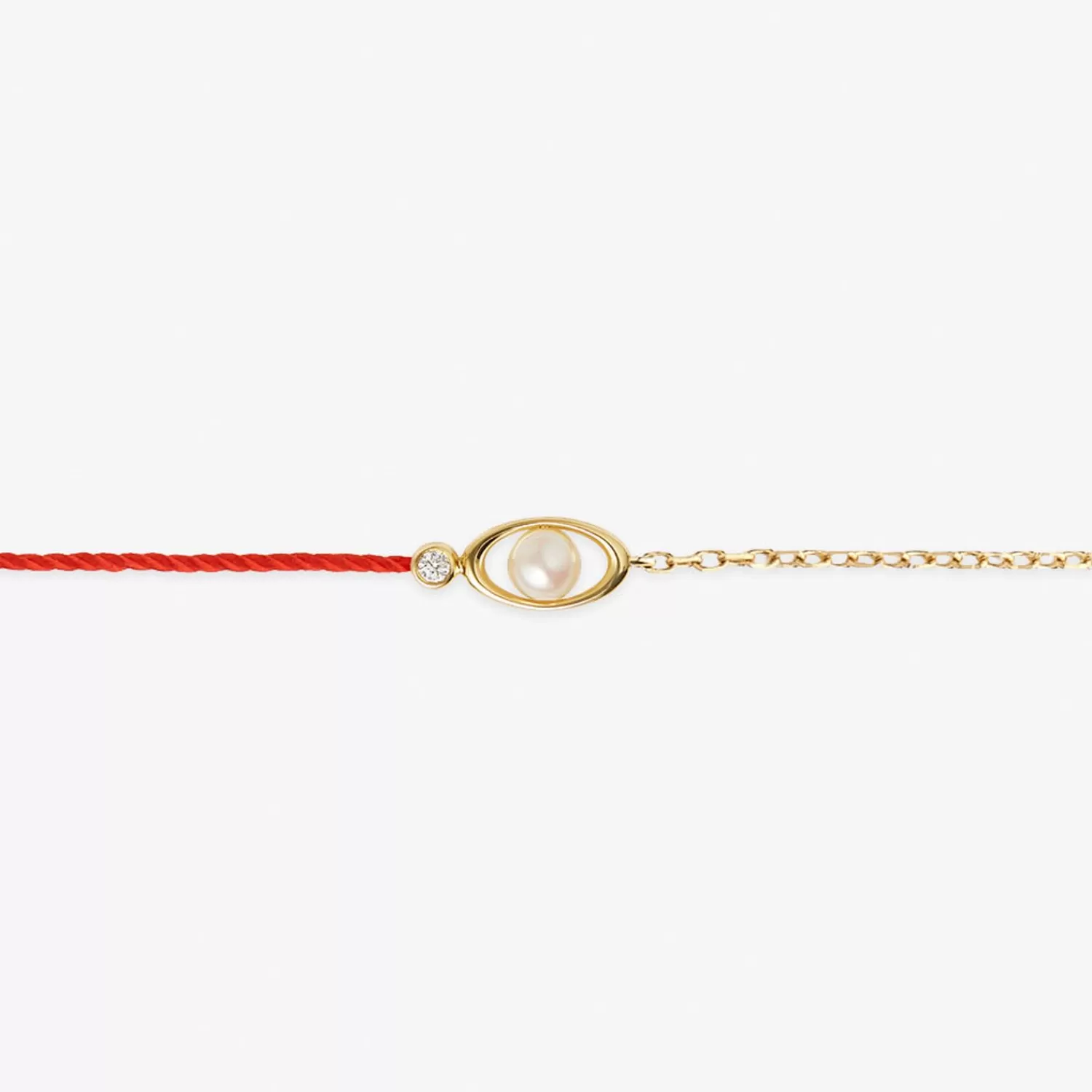 Bracelet Chaîne en Or 18ct avec Perle Akoya Rosée Matinale, Diamants et Fil Rouge Élégant - Création Alkemistry Ruifier