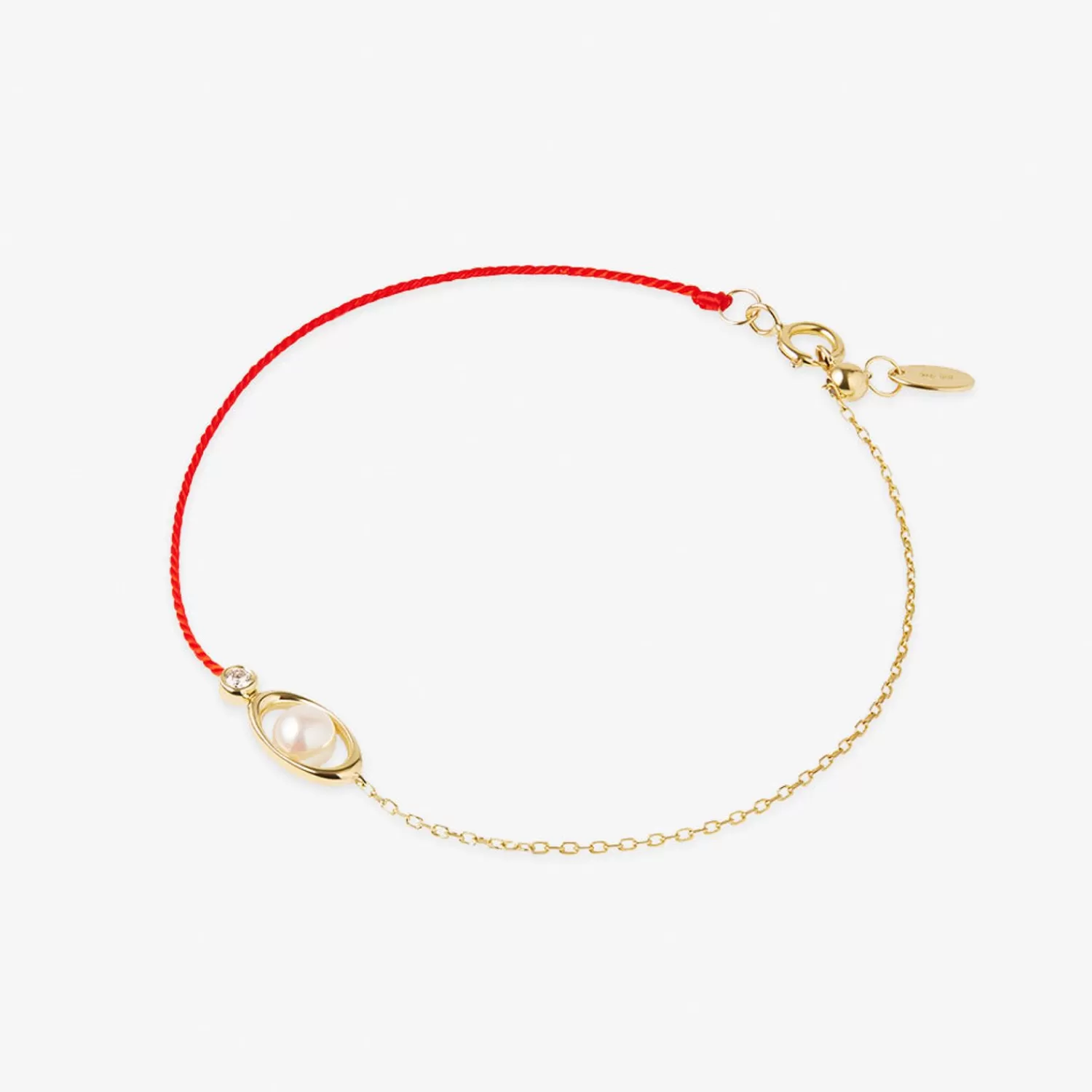 Bracelet Chaîne en Or 18ct avec Perle Akoya Rosée Matinale, Diamants et Fil Rouge Élégant - Création Alkemistry Ruifier