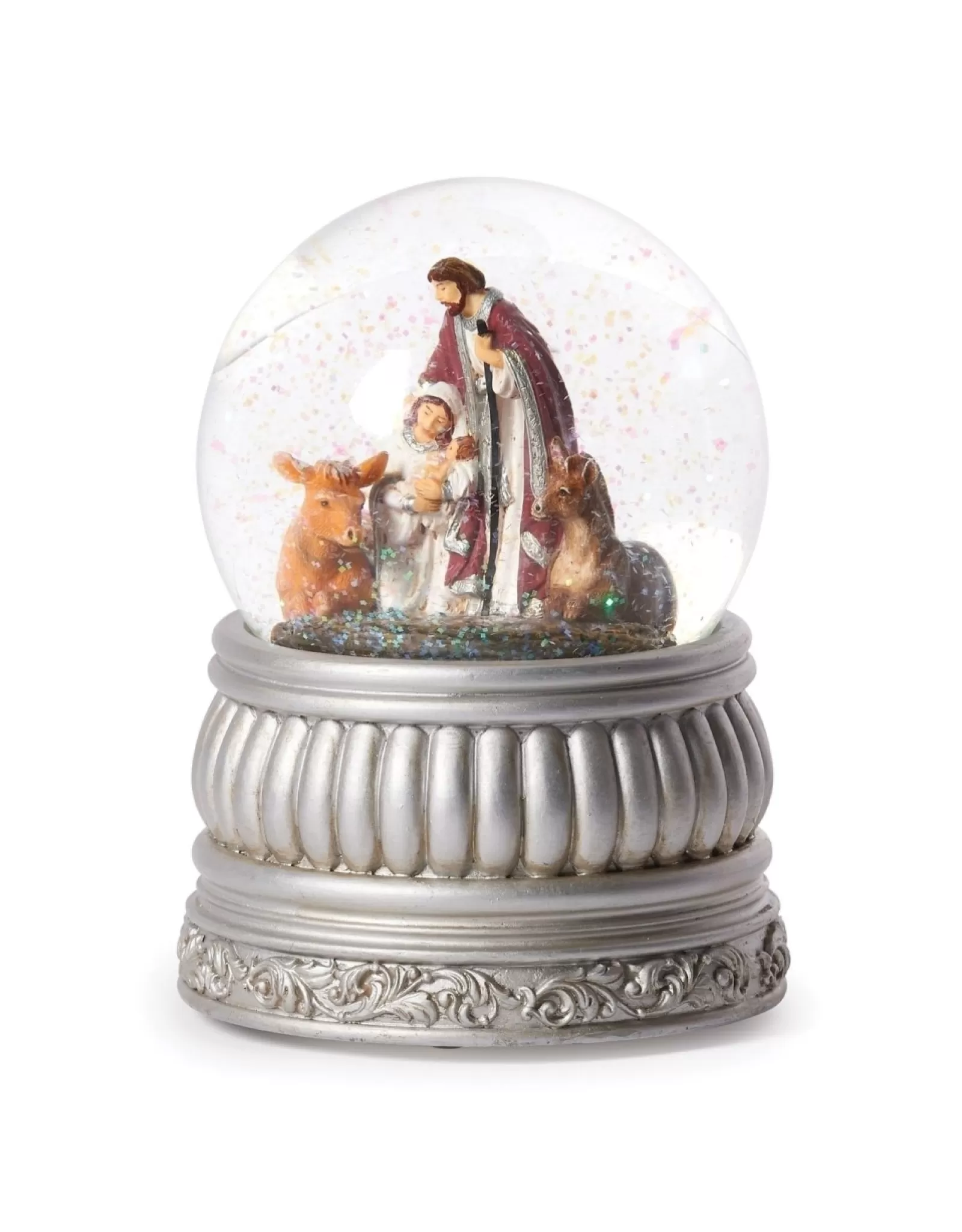 Boule à Neige Musicale « La Sainte Famille Éternelle » - Collection Romantique en Argent Brillant