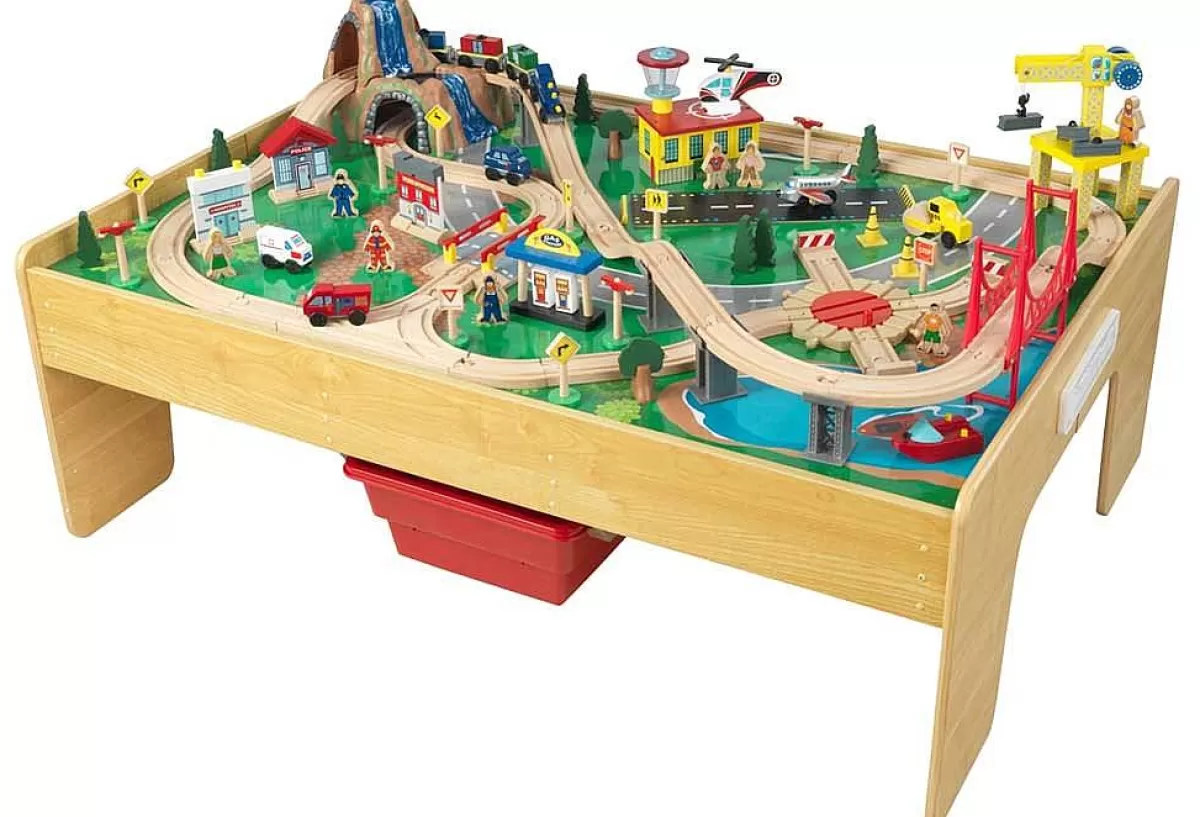 Circuit Ferroviaire Évolutif Kidkraft - Table de Jeu en Bois Massif avec Univers Ludique Ville Aventure - Idéal pour Enfants 4-8 Ans
