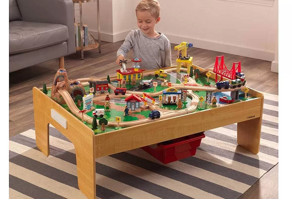 Circuit Ferroviaire Évolutif Kidkraft - Table de Jeu en Bois Massif avec Univers Ludique Ville Aventure - Idéal pour Enfants 4-8 Ans