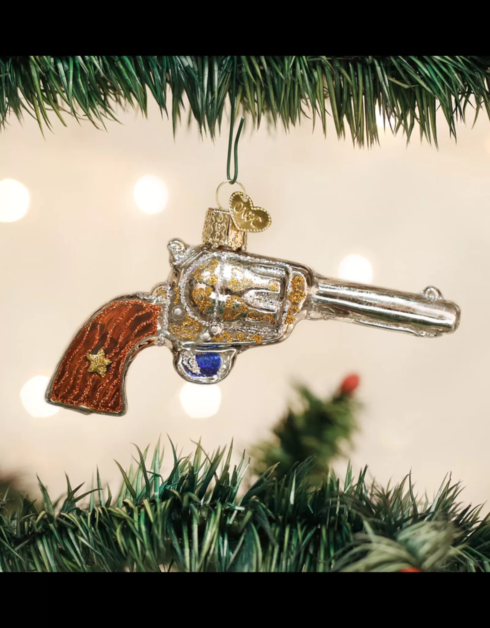 Décoration Festive Revolver Western - Ornement Vintage en Métal pour Arbre de Noël (Style Rétro Américain)